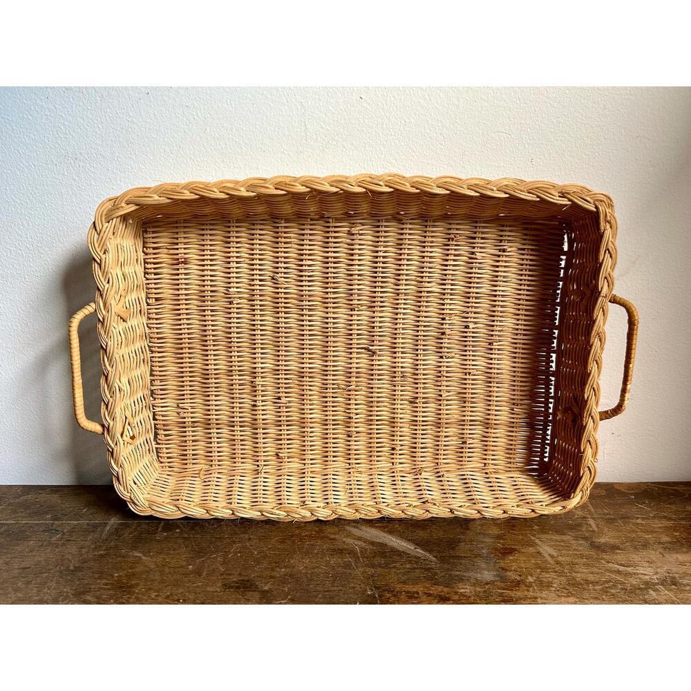 Vintage Wicker Rectangular Serving Tray with Handles | Cottagecore
